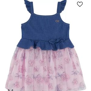 Flutter Trim Denim and Floral Mesh Dress 3T